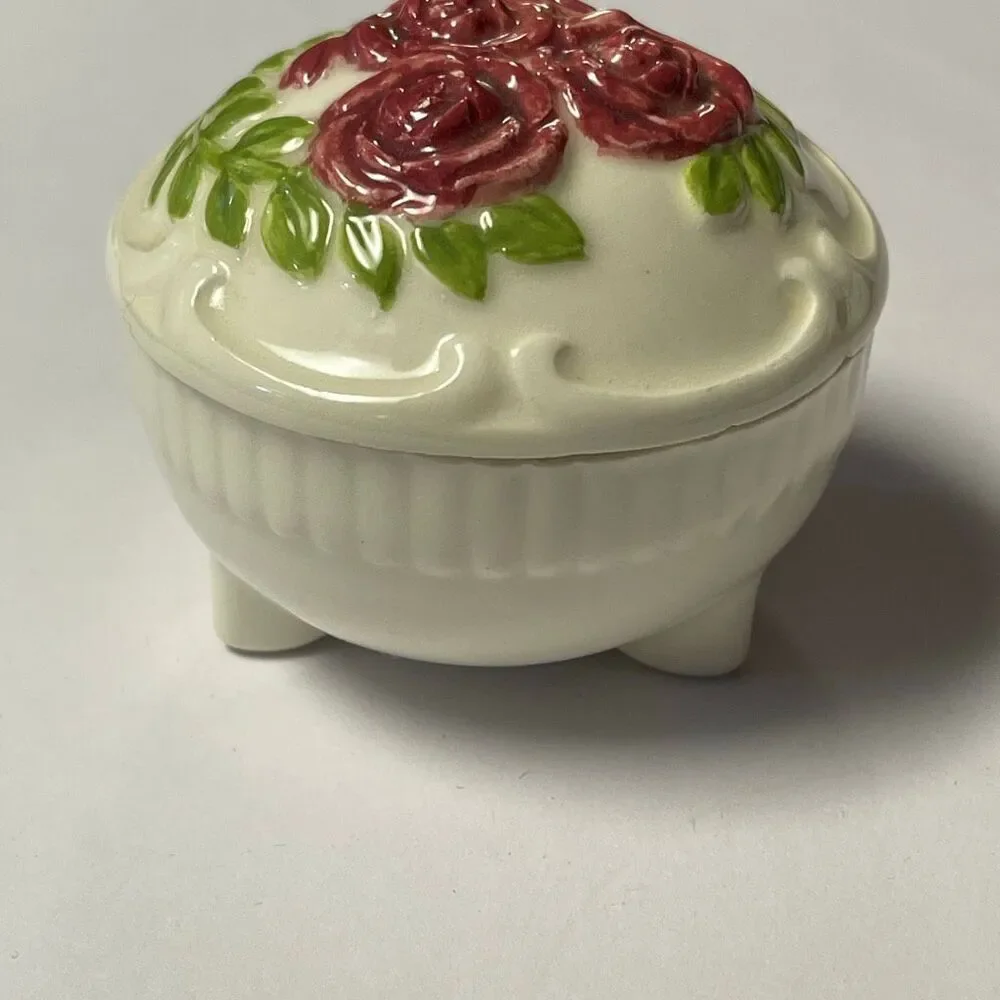 Vintage porcelain trinket box raised roses footed Victorian antique style shabby